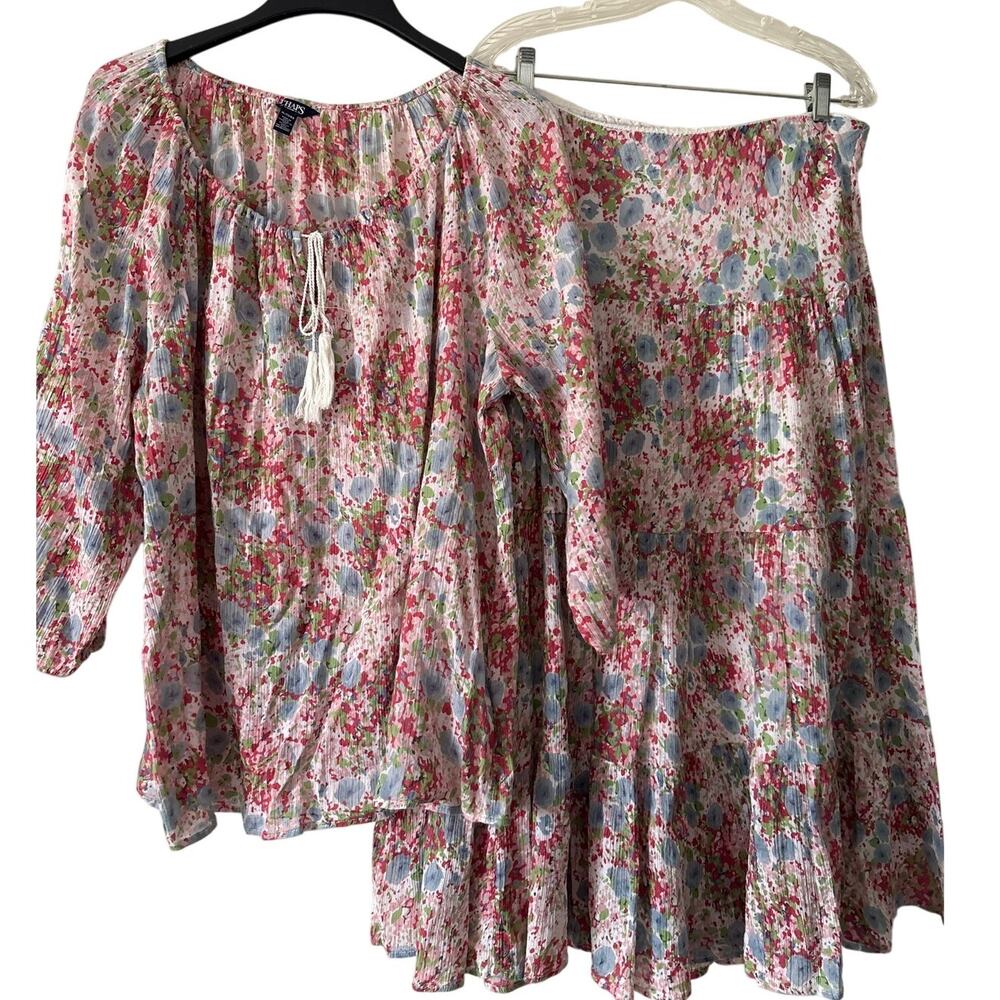 Chaps Gauze Floral Peasant Top Maxi Skirt Set XL 1X Cotton Lined Skirt